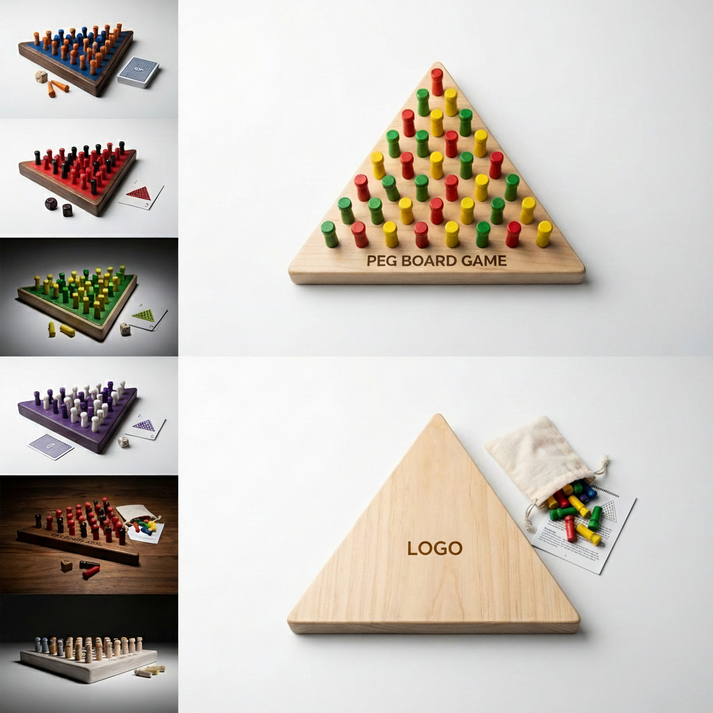 Wooden Triangle Peg Solitaire Game with Customizable Logo